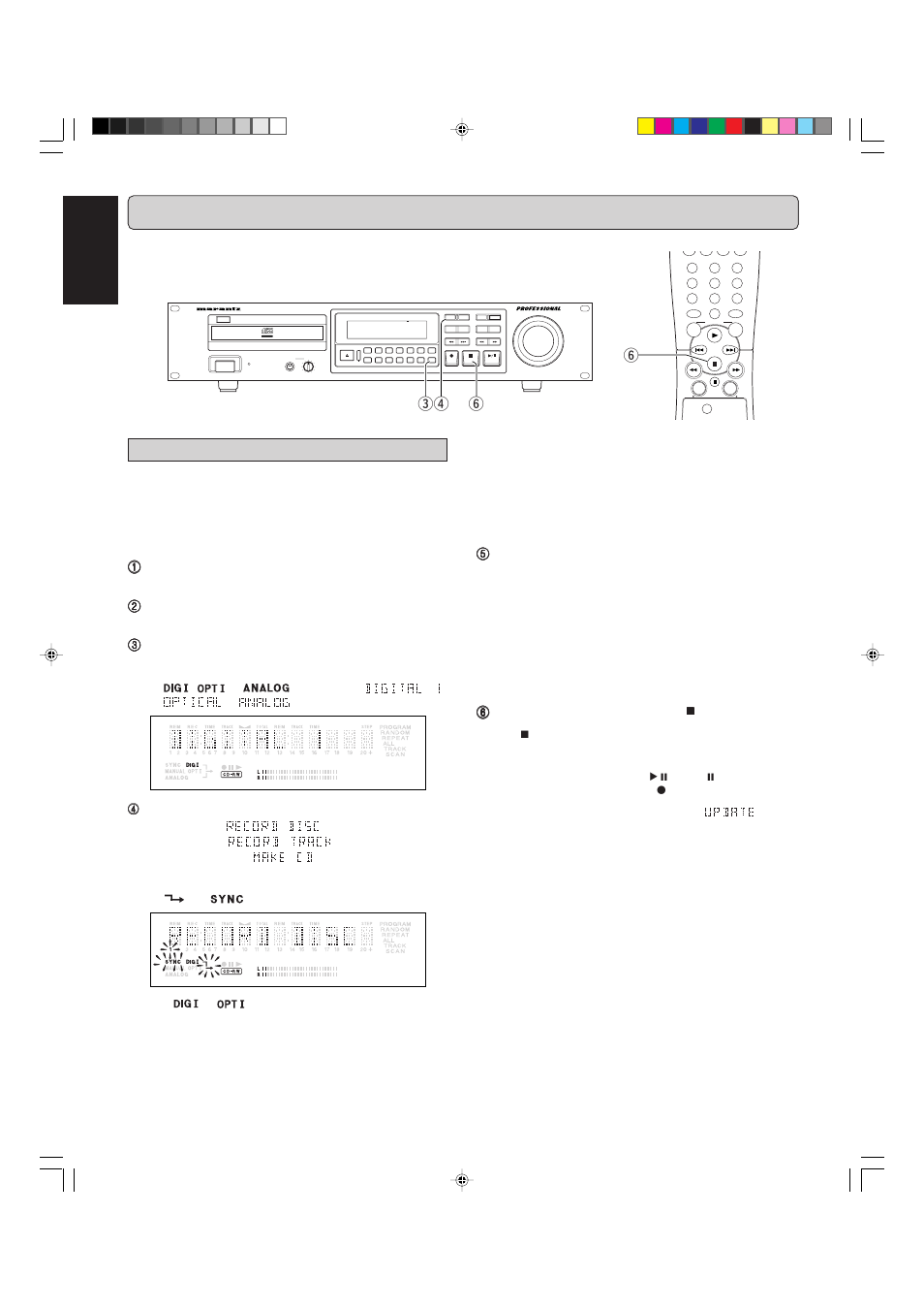 Recording, English, Cd-sync | Er y y, Cd recorder cdr631, Recordable rewritable headphone level, Text, Time, Rec level/select push enter prog input | Marantz CDR631 User Manual | Page 16 / 33
