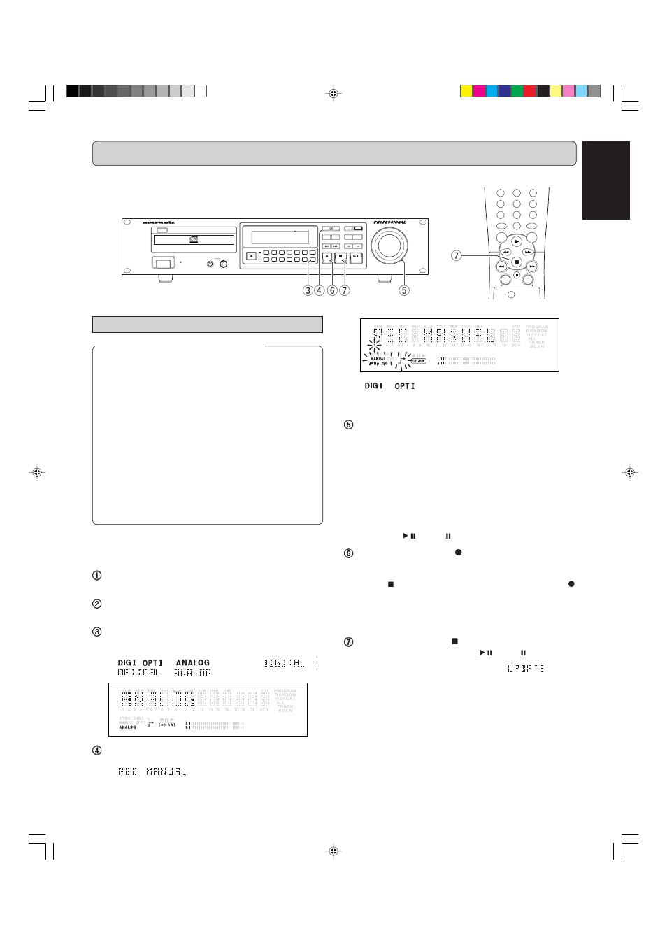 Recording, English, Manual start recording | Cd recorder cdr631, Recordable rewritable headphone level, Text, Time, Rec level/select push enter prog input | Marantz CDR631 User Manual | Page 17 / 33