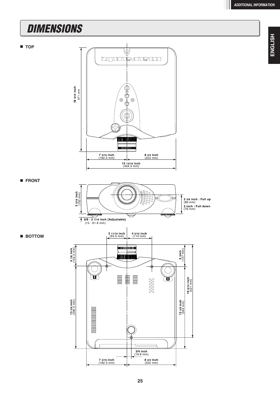 Dimensions, English, 7 top 7 front 7 bottom | Marantz VP-12S1s User Manual | Page 29 / 30