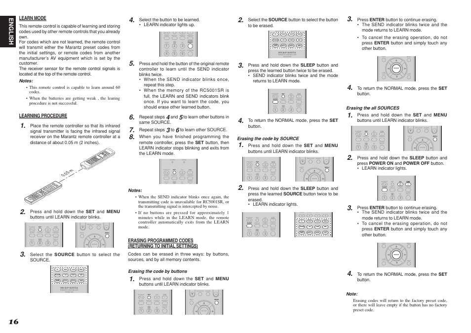 Sys tem r emo te c ont roll er rc5 500s r, English, Learn mode | Learning procedure | Marantz SR4001 User Manual | Page 20 / 51