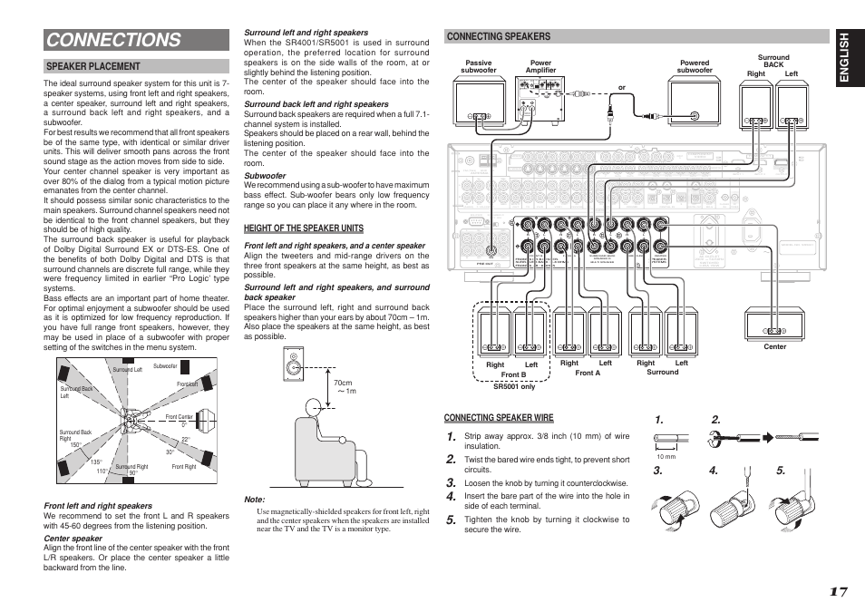 Connections, English, Speaker placement | Connecting speakers, Height of the speaker units, Connecting speaker wire | Marantz SR4001 User Manual | Page 21 / 51