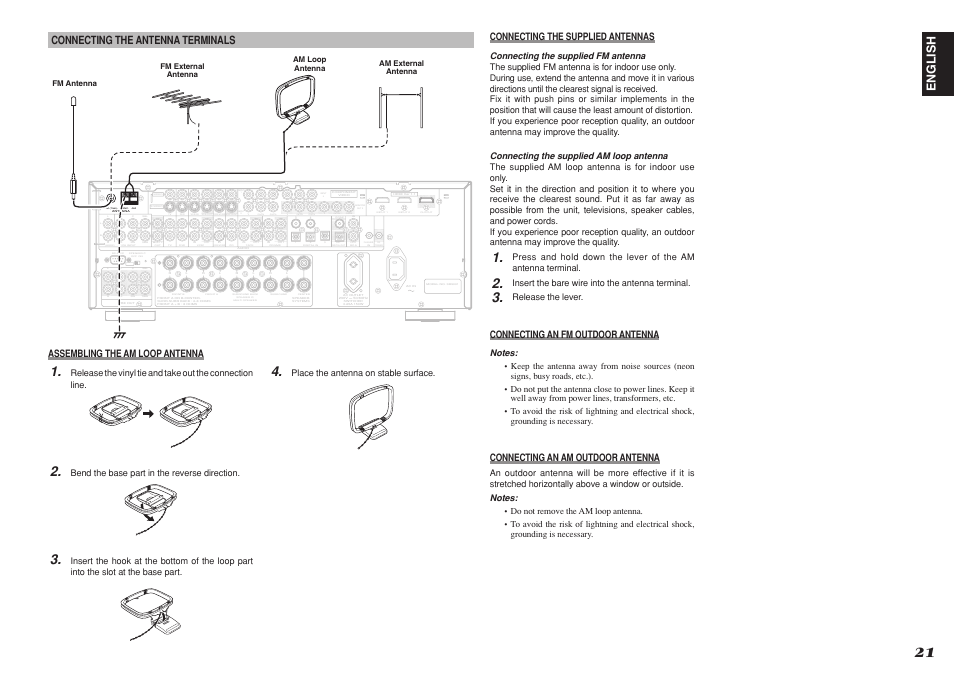 Pr cb, English, Connecting the antenna terminals | Assembling the am loop antenna, Connecting the supplied antennas, Connecting an fm outdoor antenna, Connecting an am outdoor antenna, Bend the base part in the reverse direction, Insert the bare wire into the antenna terminal, Release the lever | Marantz SR4001 User Manual | Page 25 / 51