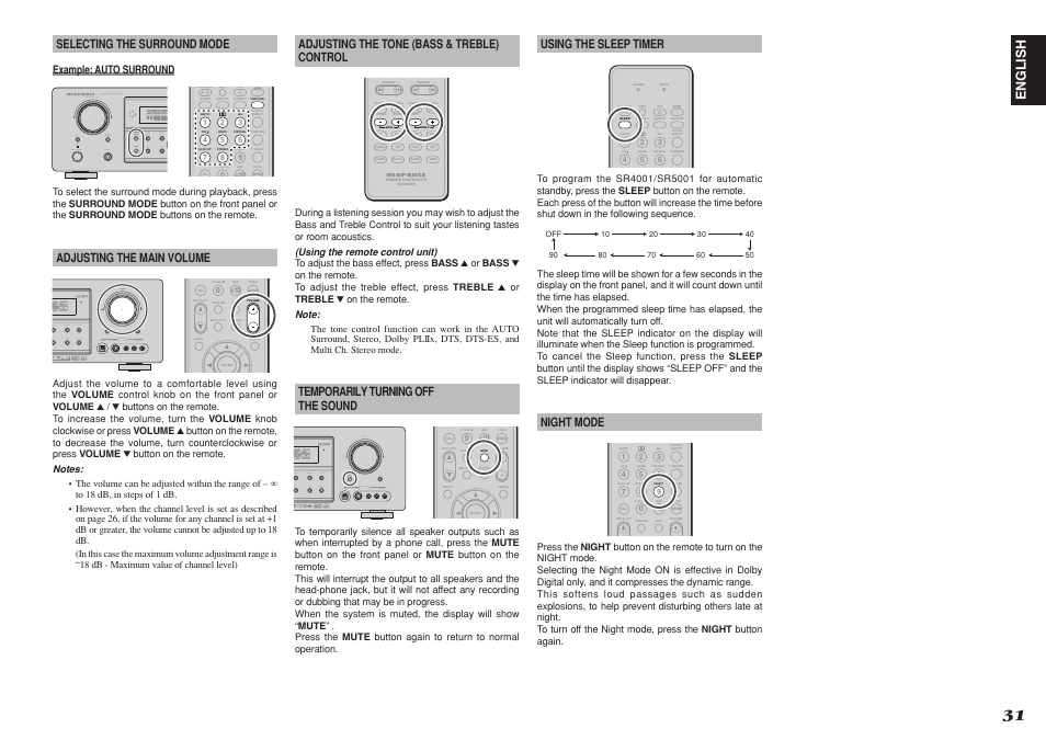 English, Using the sleep timer, Night mode | Selecting the surround mode, Adjusting the main volume, Adjusting the tone (bass & treble) control, Temporarily turning off the sound | Marantz SR4001 User Manual | Page 35 / 51