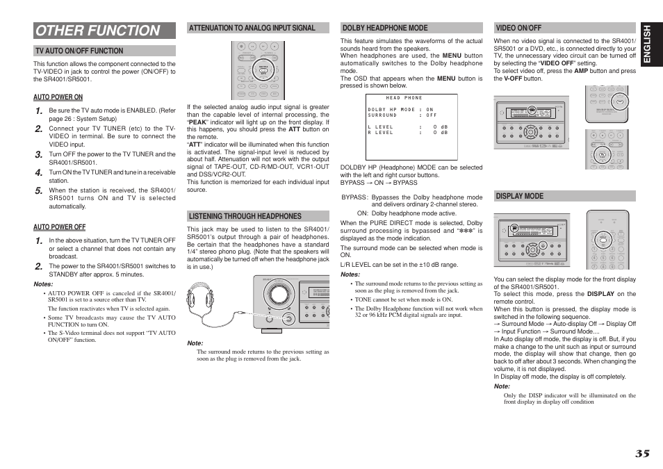 Other function, Md cdr cd dvd aux2 vcr tuner dss tv aux1 amp amp, T.disp f.direct pty tuning preset | P.scan t.mode | Marantz SR4001 User Manual | Page 39 / 51