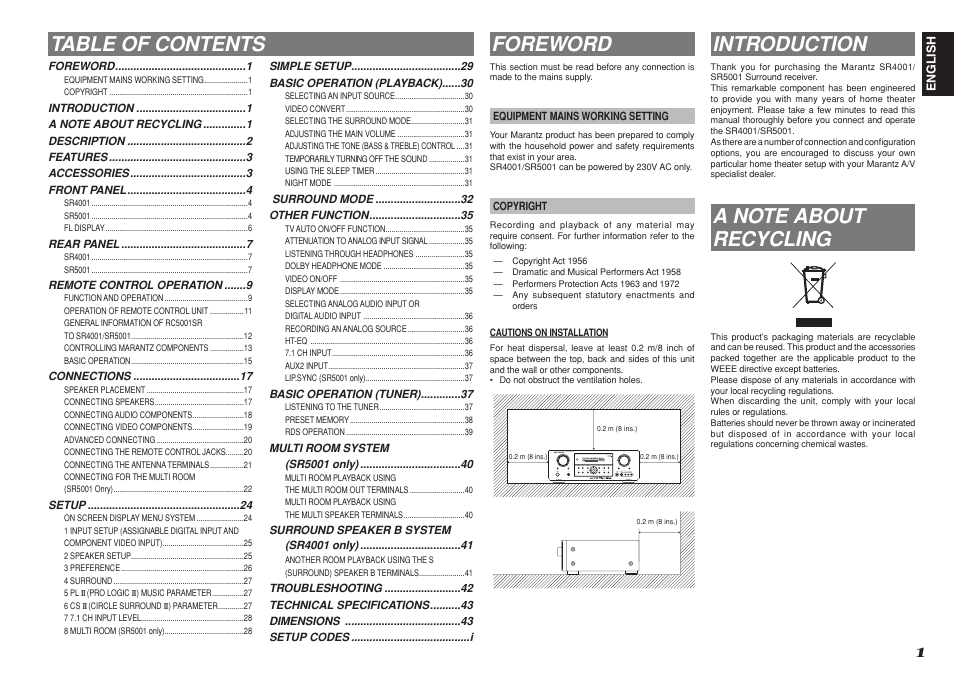 Table of contents foreword, Introduction | Marantz SR4001 User Manual | Page 5 / 51