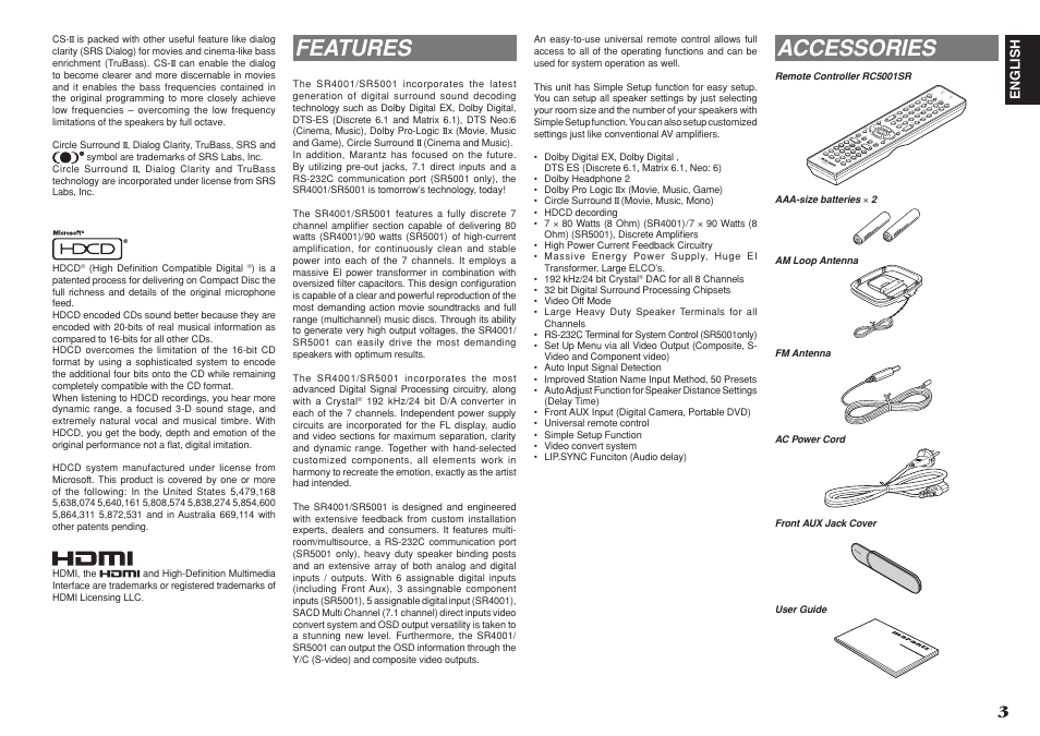 Features, Accessories | Marantz SR4001 User Manual | Page 7 / 51