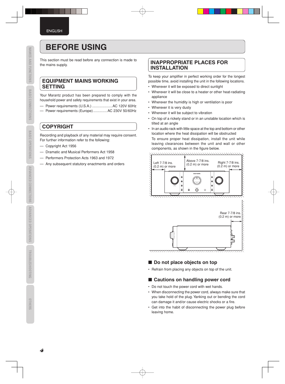 Before using, Equipment mains working setting, Copyright | Inappropriate places for installation | Marantz PM-11S2 User Manual | Page 10 / 35