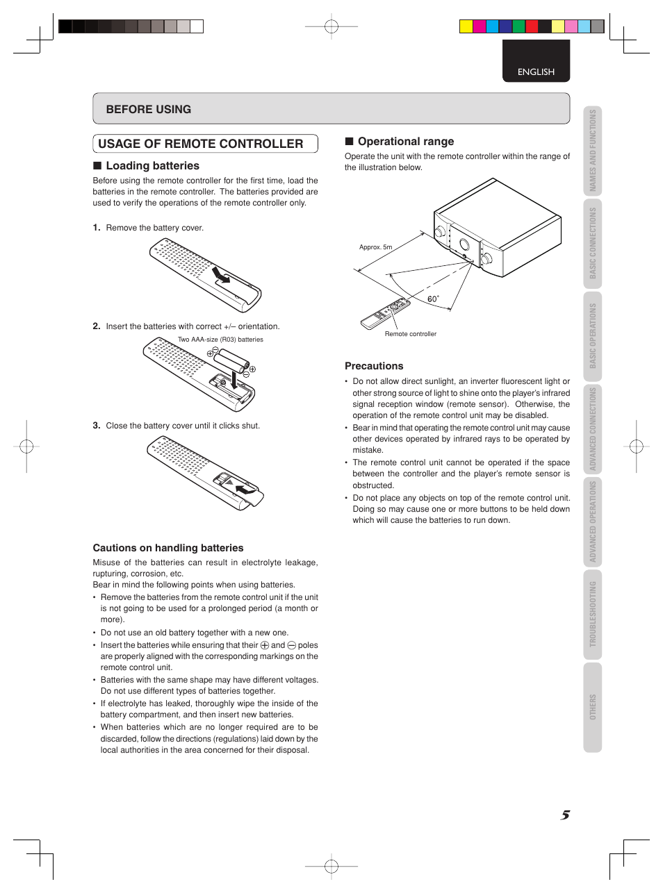 Usage of remote controller, Before using, Loading batteries | Operational range | Marantz PM-11S2 User Manual | Page 11 / 35