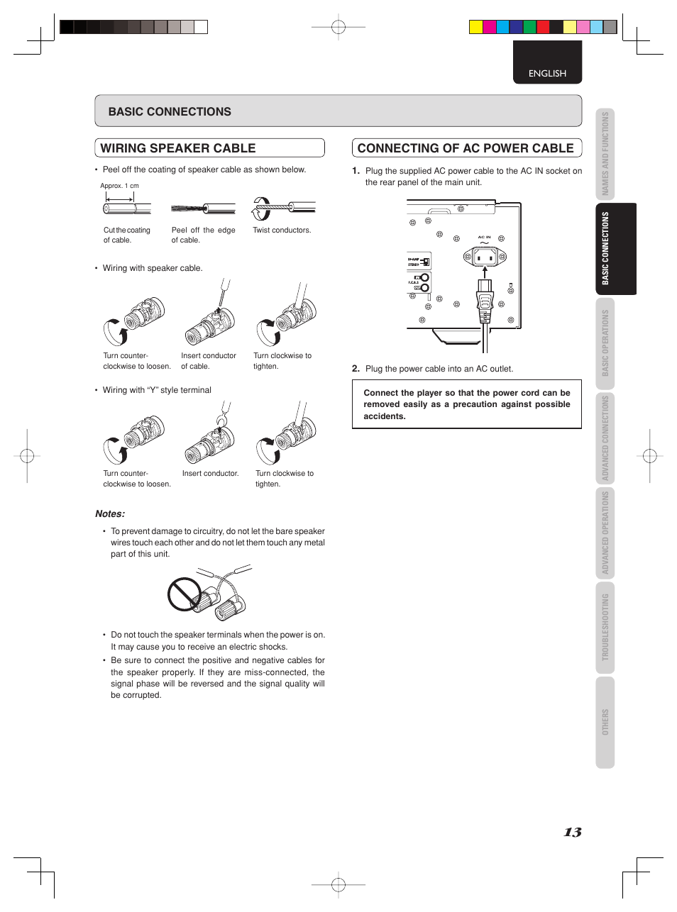 Wiring speaker cable, Connecting of ac power cable, Basic connections | Marantz PM-11S2 User Manual | Page 19 / 35