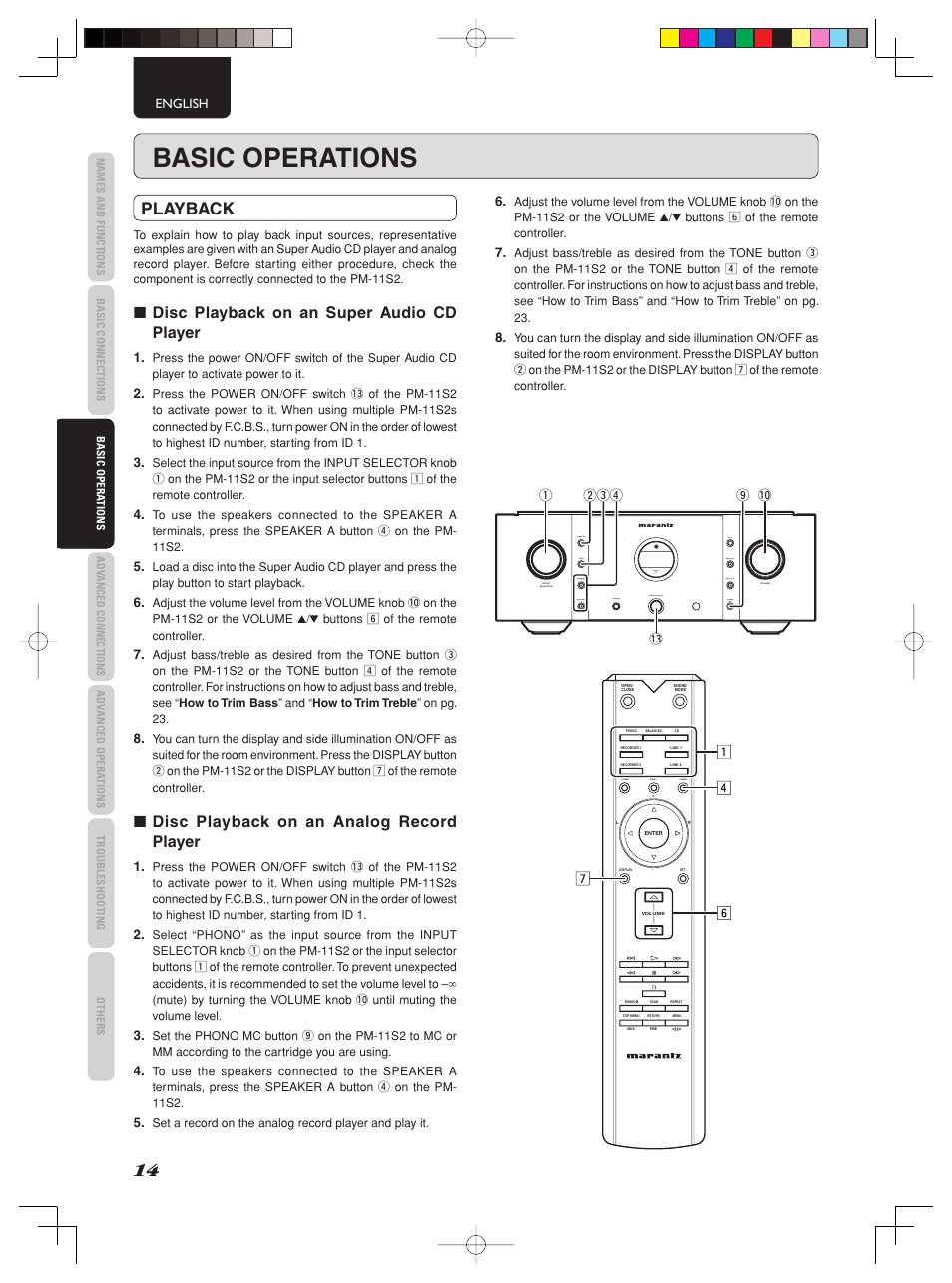 Basic operations, Playback, Disc playback on an super audio cd player | Disc playback on an analog record player | Marantz PM-11S2 User Manual | Page 20 / 35
