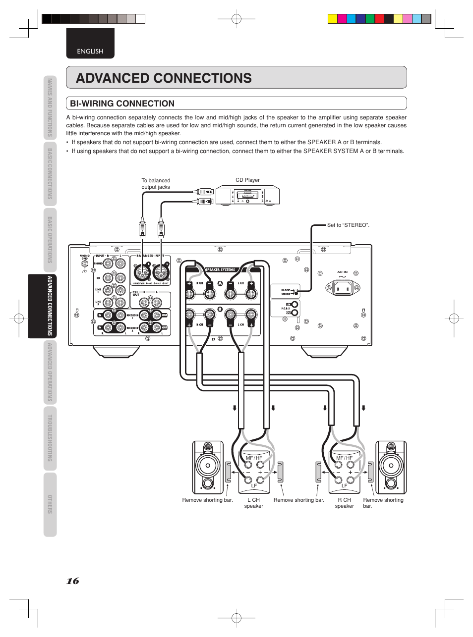 Advanced connections, Bi-wiring connection | Marantz PM-11S2 User Manual | Page 22 / 35