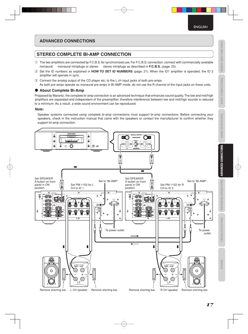 Stereo complete bi-amp connection, Advanced connections | Marantz PM-11S2 User Manual | Page 23 / 35