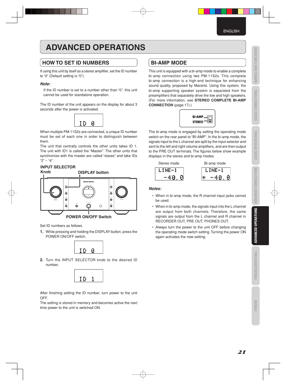 Advanced operations, How to set id numbers, Bi-amp mode | Marantz PM-11S2 User Manual | Page 27 / 35