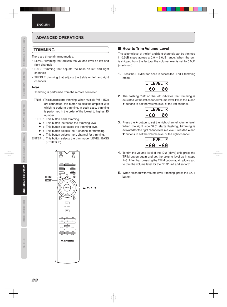 Trimming, Advanced operations, How to trim volume level | Marantz PM-11S2 User Manual | Page 28 / 35