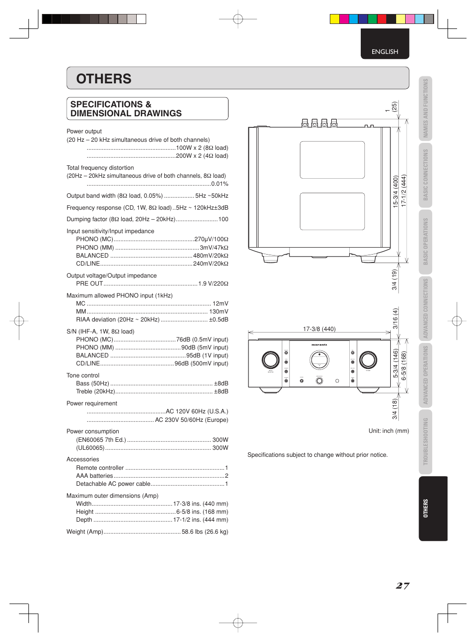 Others, Specifications & dimensional drawings | Marantz PM-11S2 User Manual | Page 33 / 35