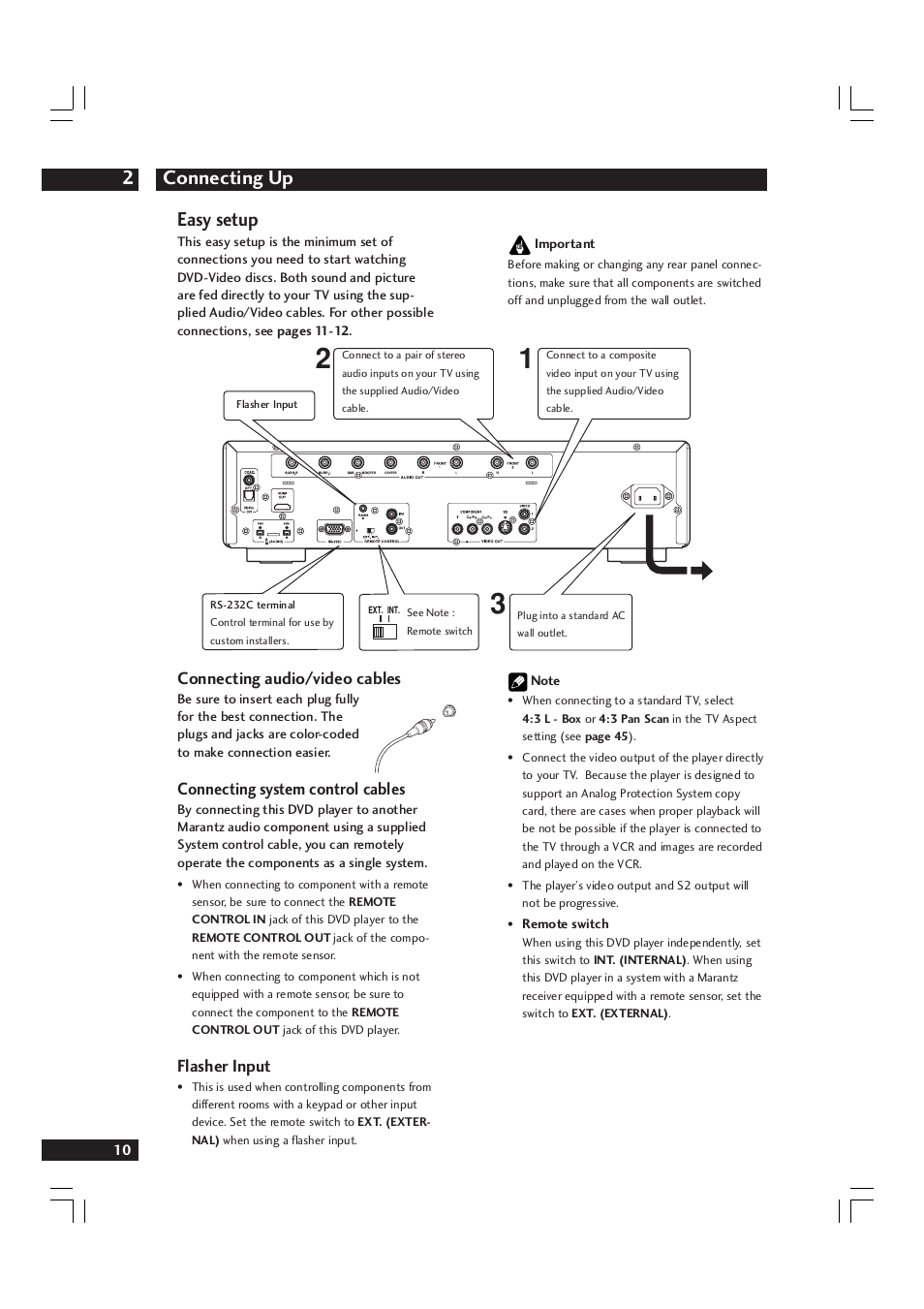 Connecting up 2, Easy setup, Connecting audio/video cables | Connecting system control cables, Flasher input | Marantz DV9600 User Manual | Page 10 / 68