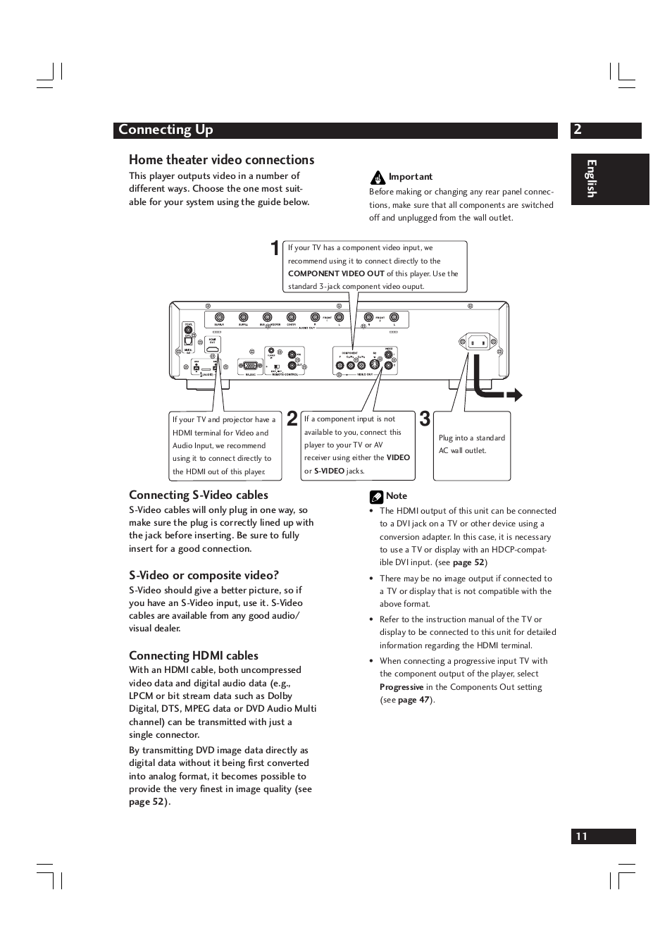 2connecting up, Home theater video connections, English | Connecting s-video cables, S-video or composite video, Connecting hdmi cables | Marantz DV9600 User Manual | Page 11 / 68