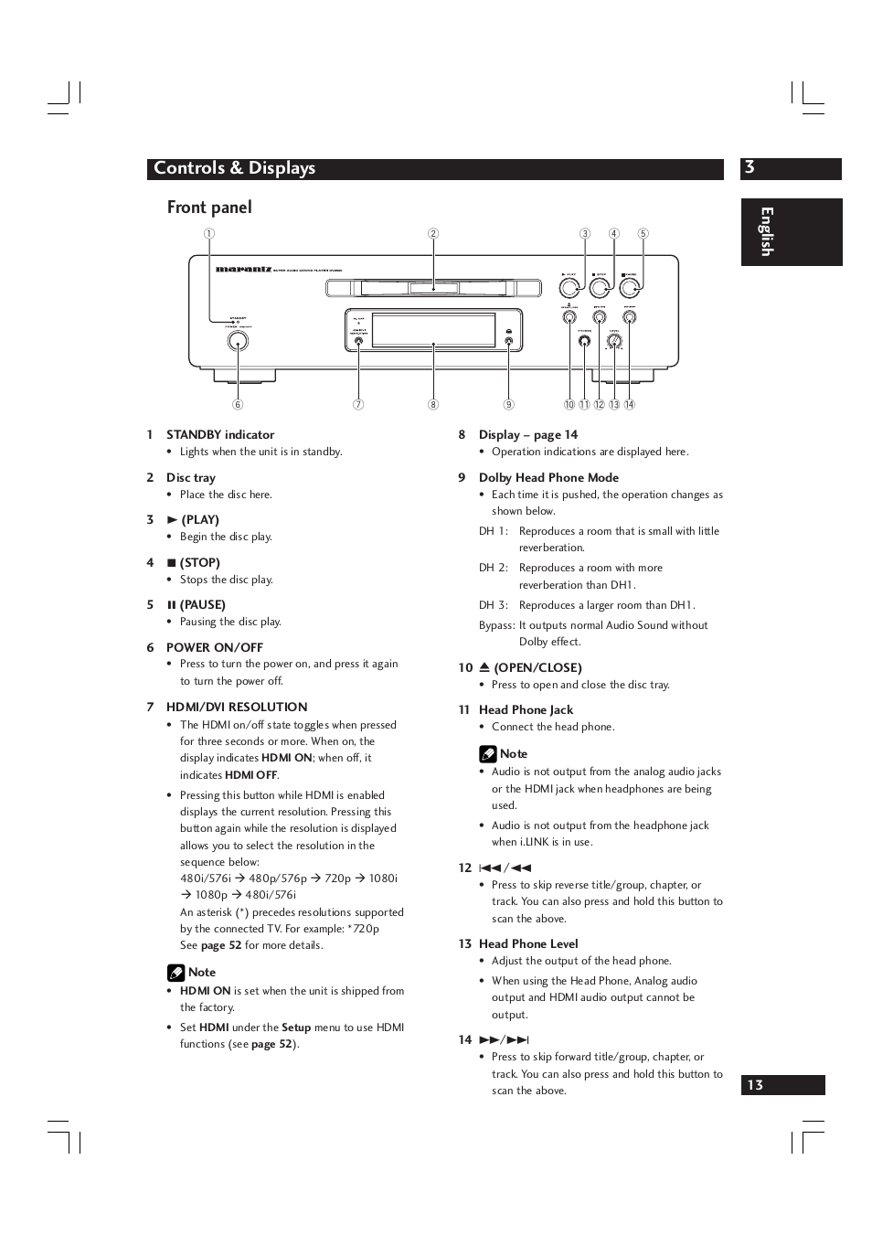 3controls & displays, Front panel, English | Marantz DV9600 User Manual | Page 13 / 68