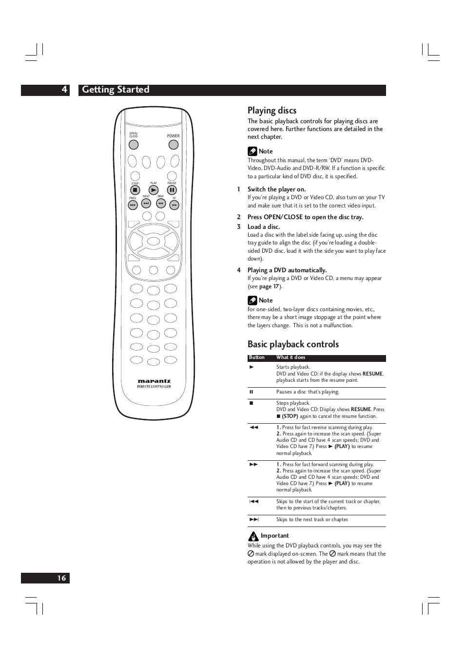 Getting started 4, Playing discs, Basic playback controls | Marantz DV9600 User Manual | Page 16 / 68