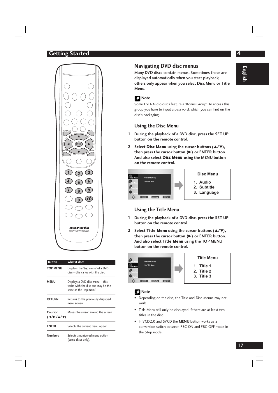 4getting started, Navigating dvd disc menus, English | Using the disc menu, Using the title menu | Marantz DV9600 User Manual | Page 17 / 68