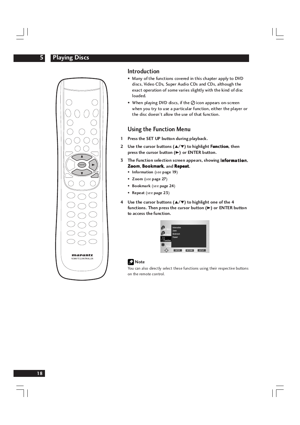 Playing discs 5, Introduction, Using the function menu | Marantz DV9600 User Manual | Page 18 / 68