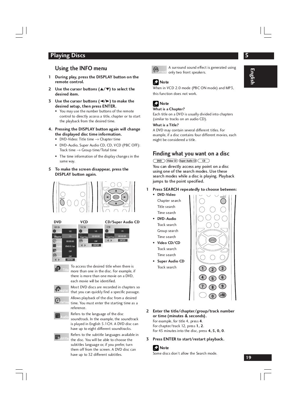 5playing discs, Finding what you want on a disc, Using the info menu | English | Marantz DV9600 User Manual | Page 19 / 68