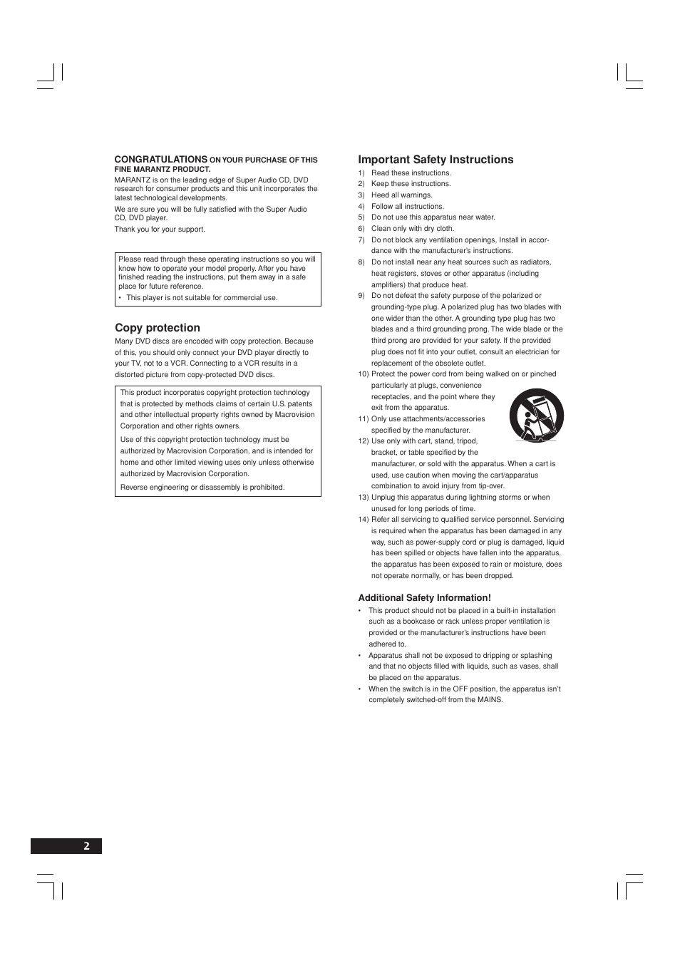 2important safety instructions, Copy protection | Marantz DV9600 User Manual | Page 2 / 68