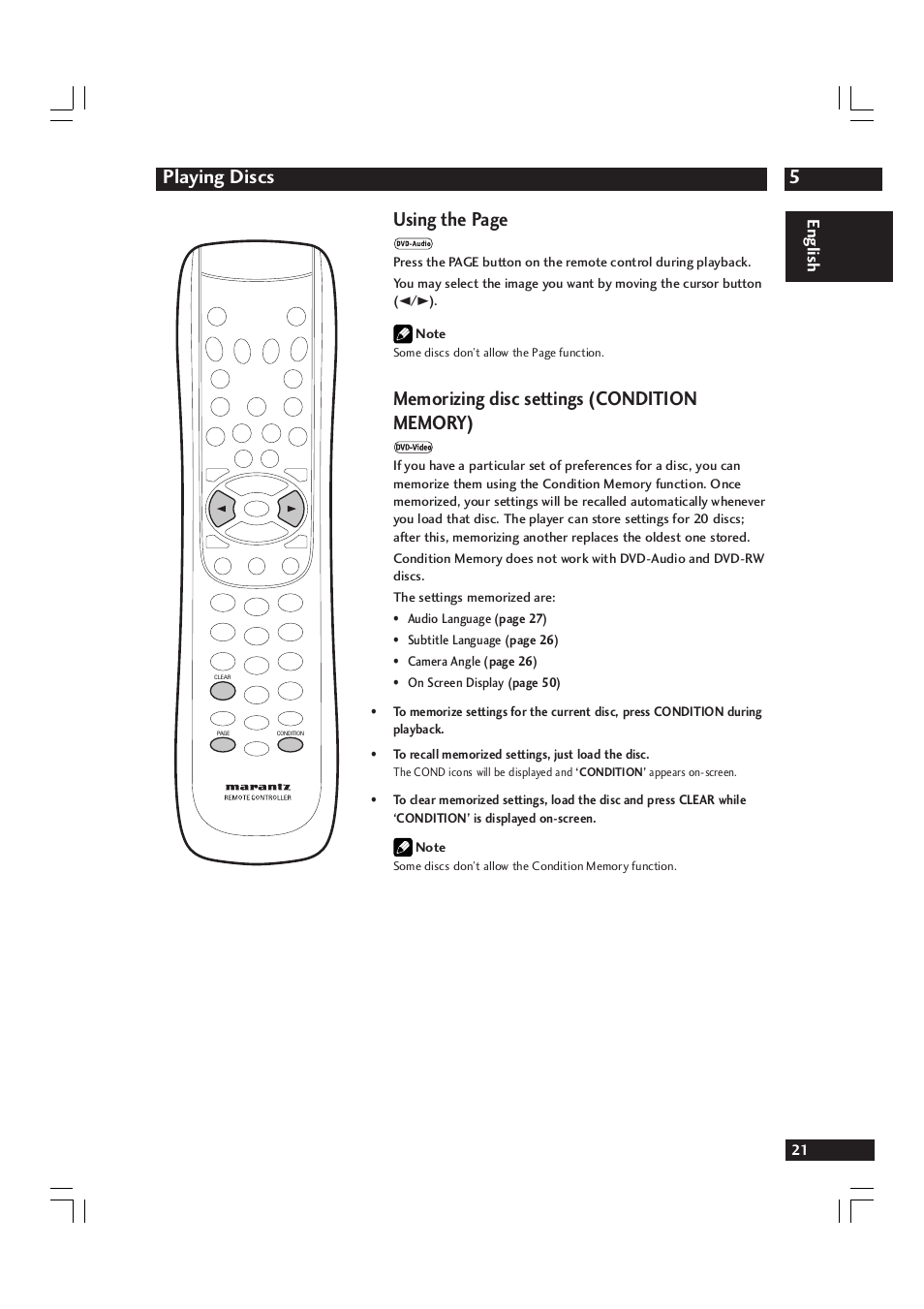 5playing discs, Using the page, English | Marantz DV9600 User Manual | Page 21 / 68