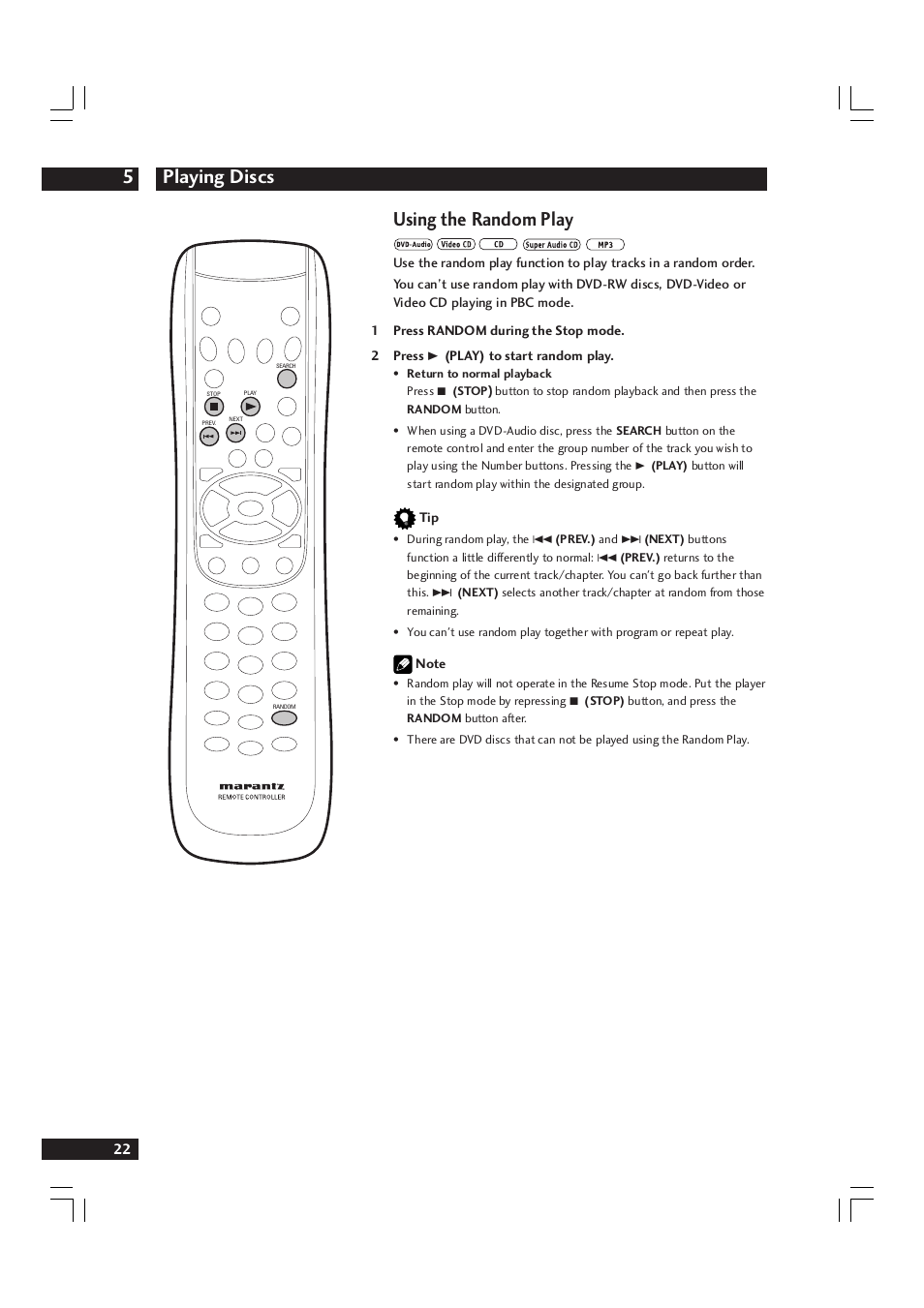 Playing discs 5, Using the random play | Marantz DV9600 User Manual | Page 22 / 68