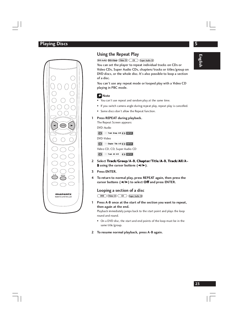 5playing discs, Using the repeat play, English | Marantz DV9600 User Manual | Page 23 / 68