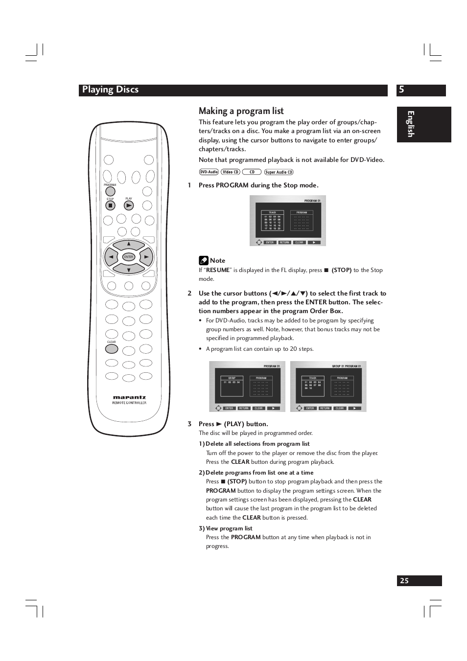 5playing discs, Making a program list, English | Marantz DV9600 User Manual | Page 25 / 68