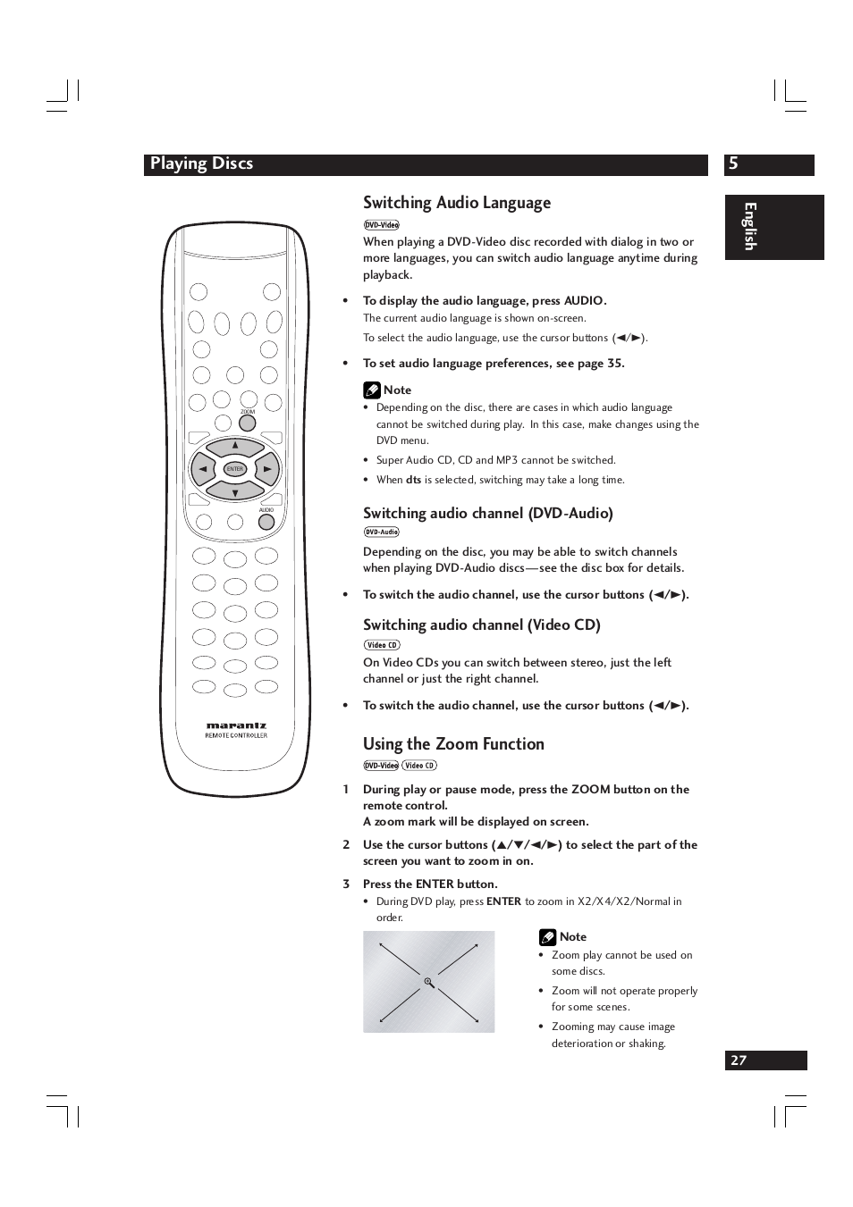 5playing discs, Switching audio language, Using the zoom function | English, Switching audio channel (dvd-audio), Switching audio channel (video cd) | Marantz DV9600 User Manual | Page 27 / 68