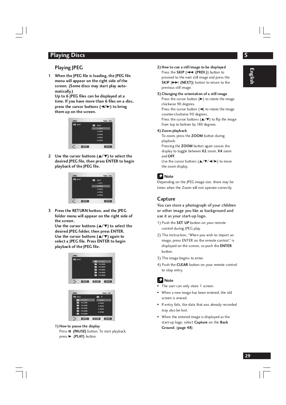 5playing discs, English, Capture | Playing jpeg | Marantz DV9600 User Manual | Page 29 / 68