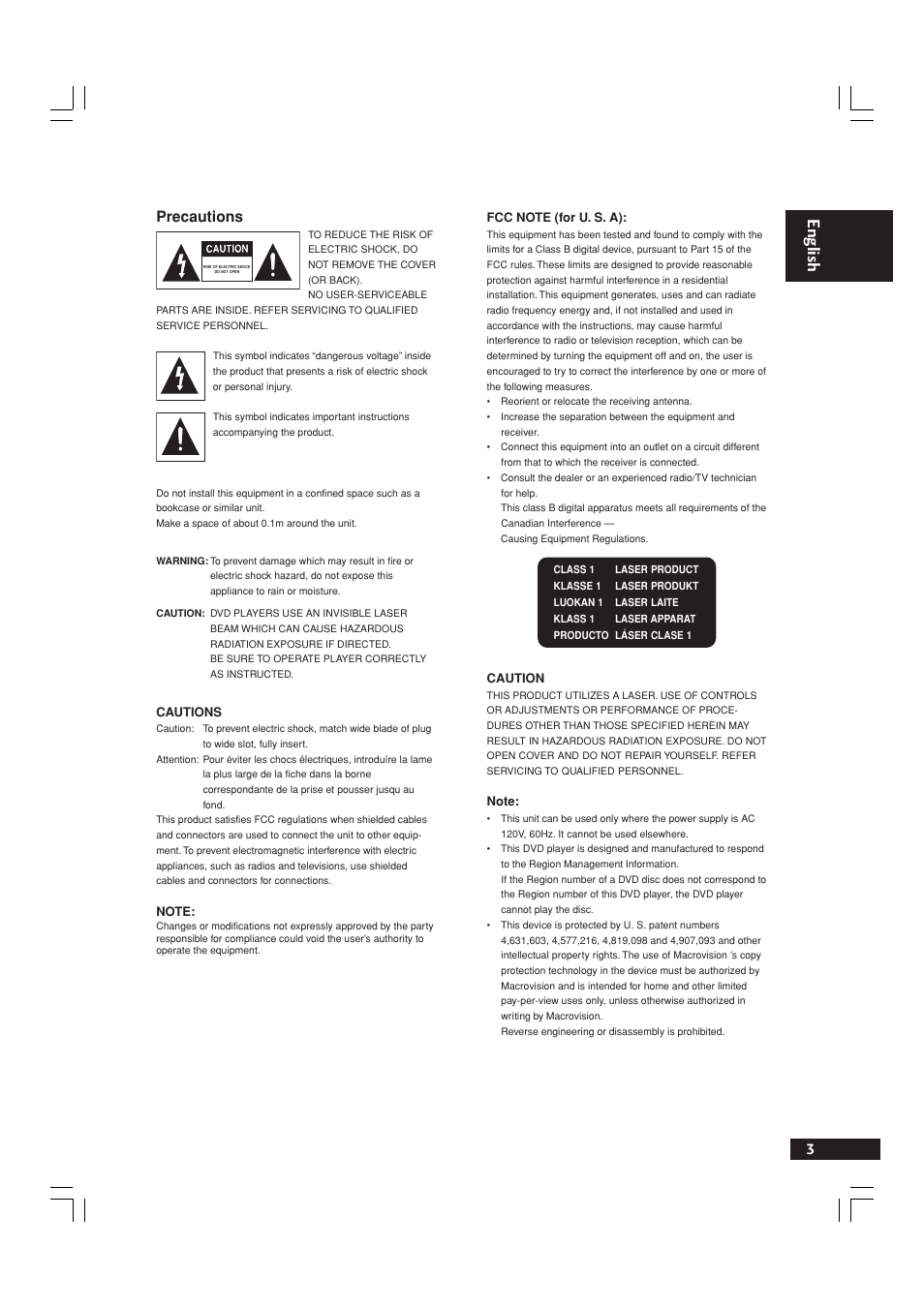 English, Precautions | Marantz DV9600 User Manual | Page 3 / 68