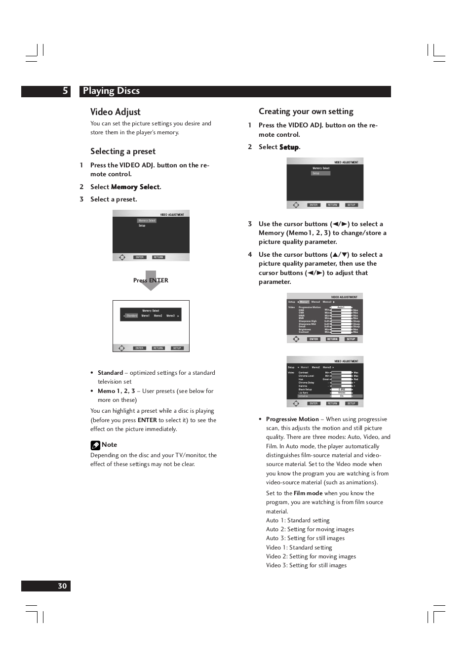 Playing discs 5, Video adjust, Creating your own setting | Selecting a preset | Marantz DV9600 User Manual | Page 30 / 68