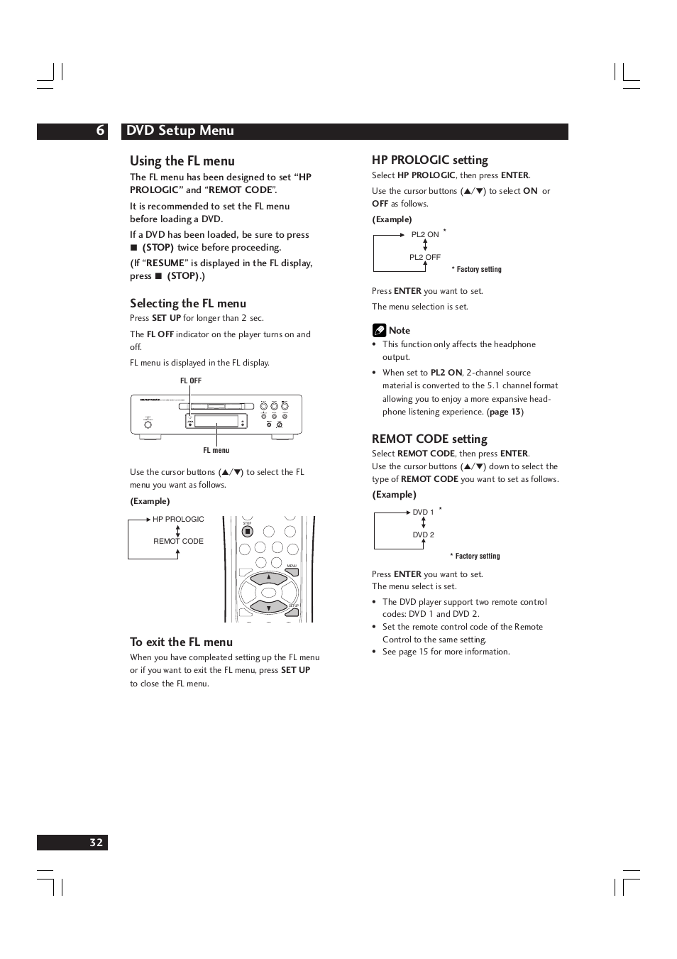 Dvd setup menu 6, Using the fl menu, Hp prologic setting | Remot code setting, Selecting the fl menu | Marantz DV9600 User Manual | Page 32 / 68