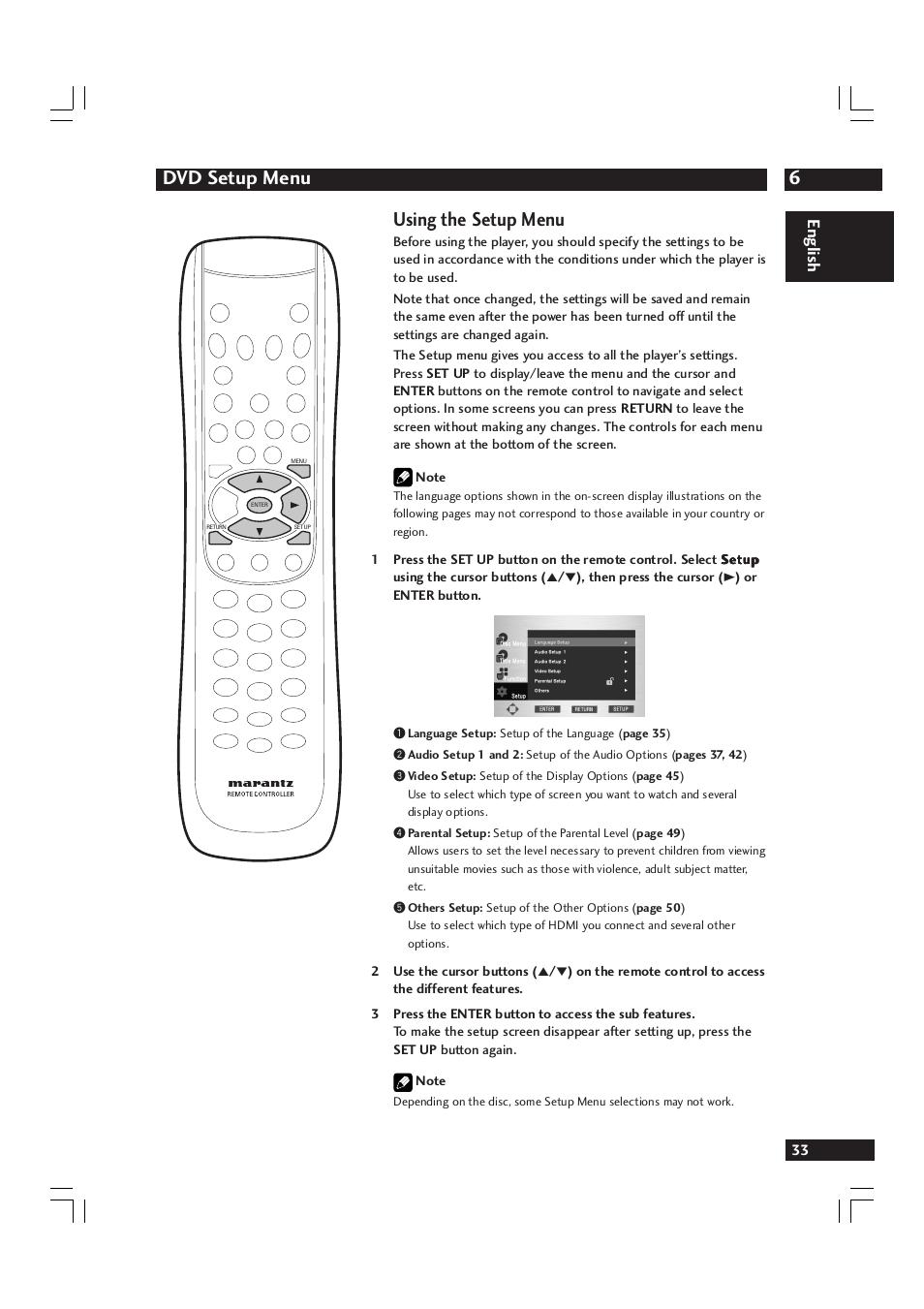 6dvd setup menu, Using the setup menu, English | Marantz DV9600 User Manual | Page 33 / 68