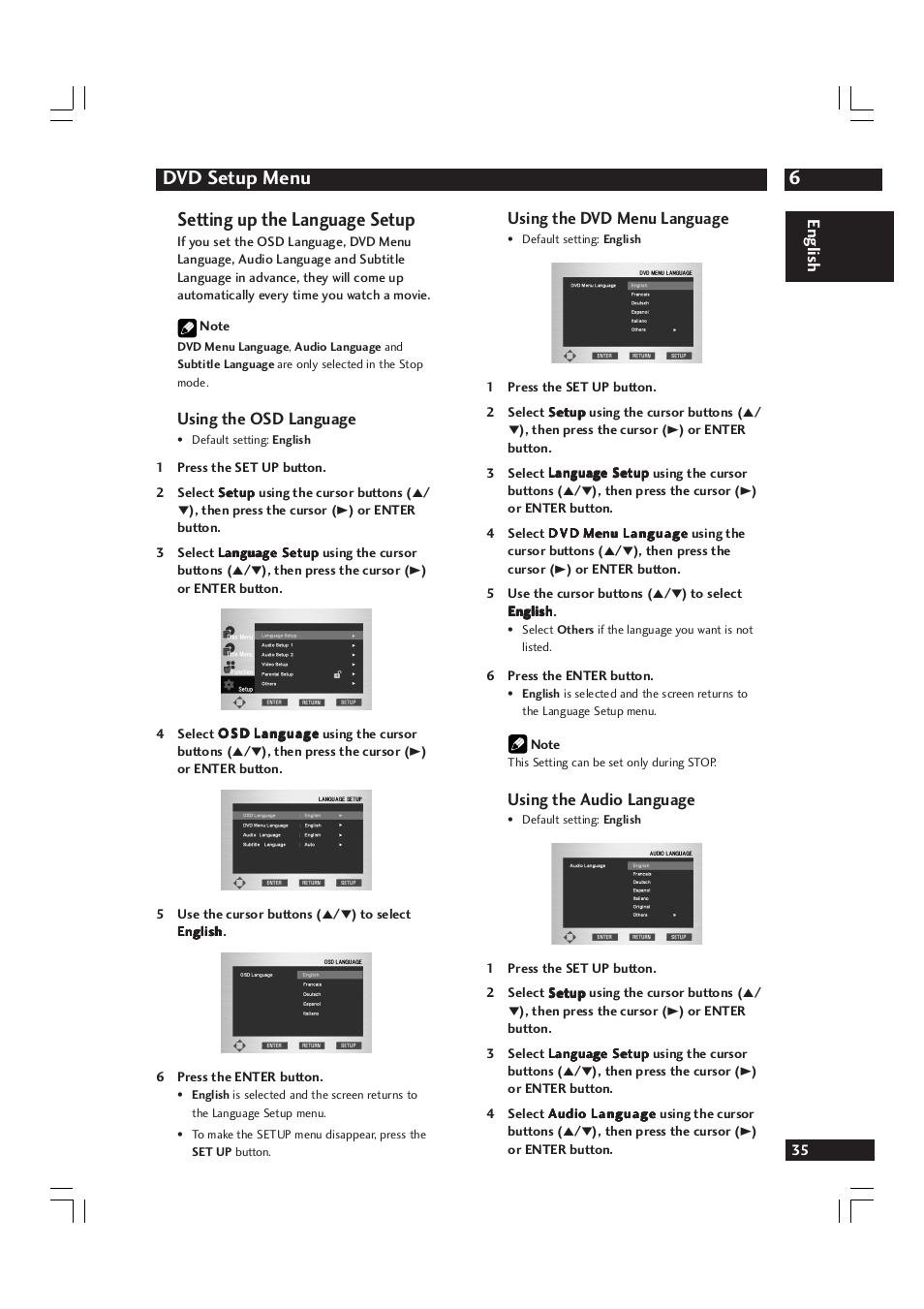 6dvd setup menu, Setting up the language setup, English | Using the osd language, Using the dvd menu language, Using the audio language | Marantz DV9600 User Manual | Page 35 / 68