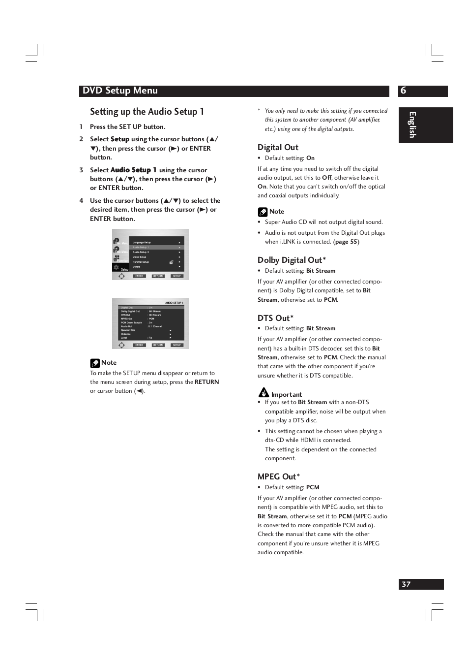 6dvd setup menu, Setting up the audio setup 1, English | Digital out, Dolby digital out, Dts out, Mpeg out | Marantz DV9600 User Manual | Page 37 / 68