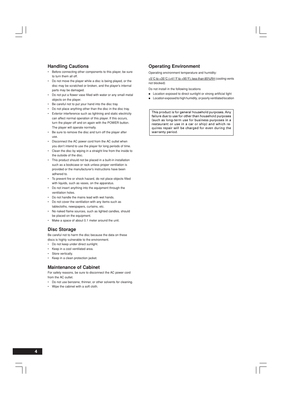 4handling cautions, Disc storage, Maintenance of cabinet | Operating environment | Marantz DV9600 User Manual | Page 4 / 68