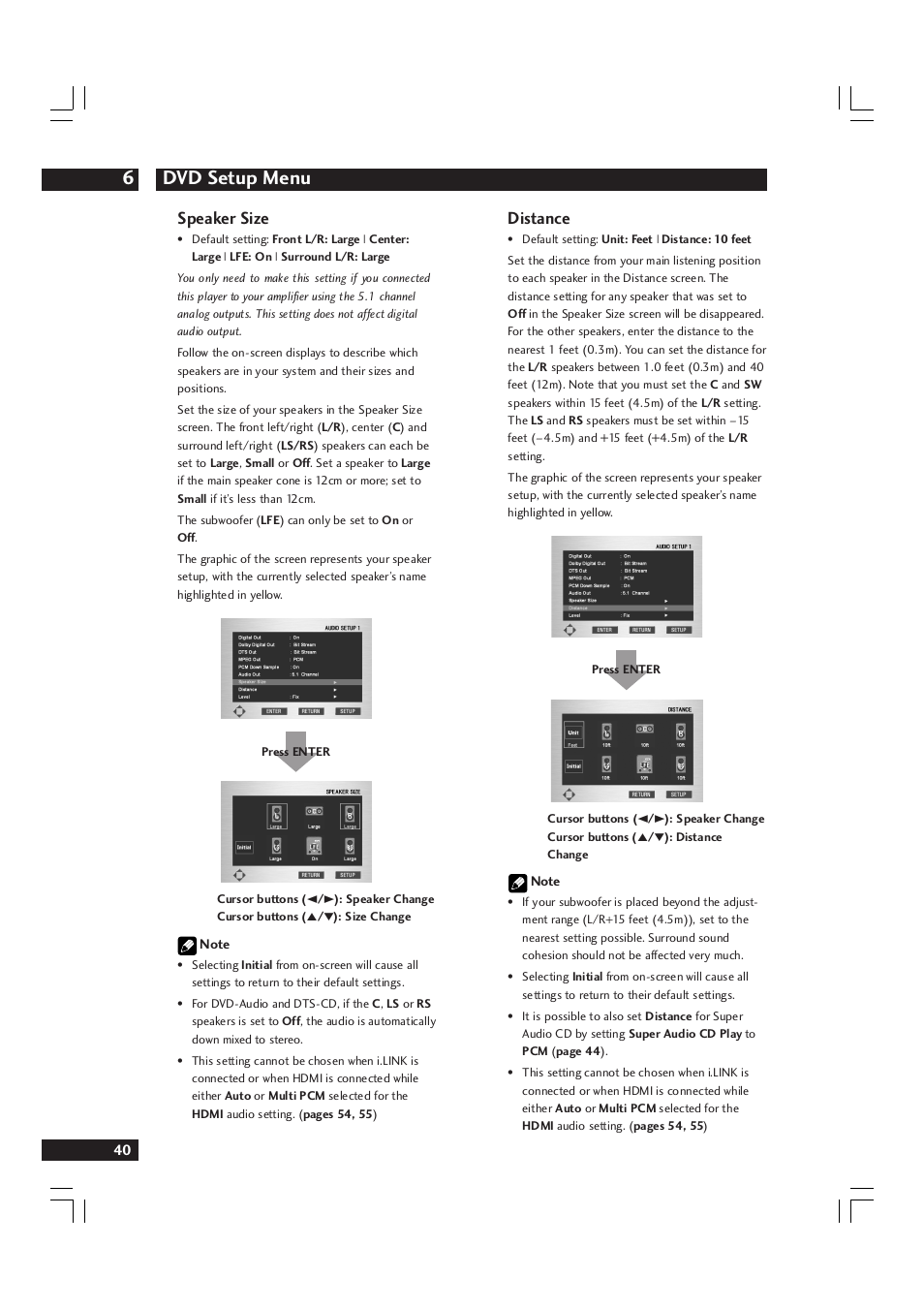 Dvd setup menu 6, Speaker size, Distance | Marantz DV9600 User Manual | Page 40 / 68