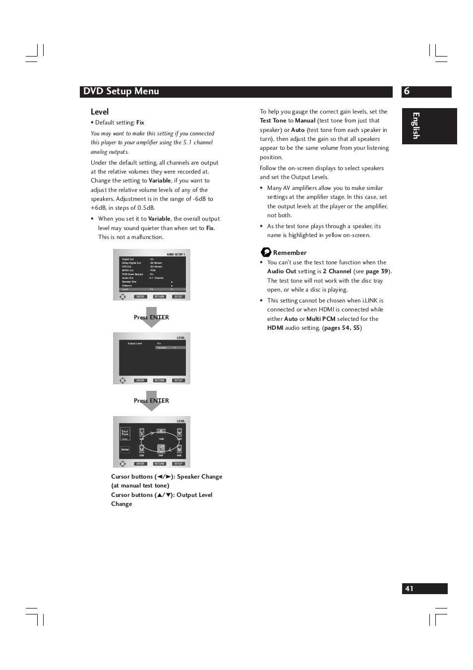 6dvd setup menu, English level | Marantz DV9600 User Manual | Page 41 / 68