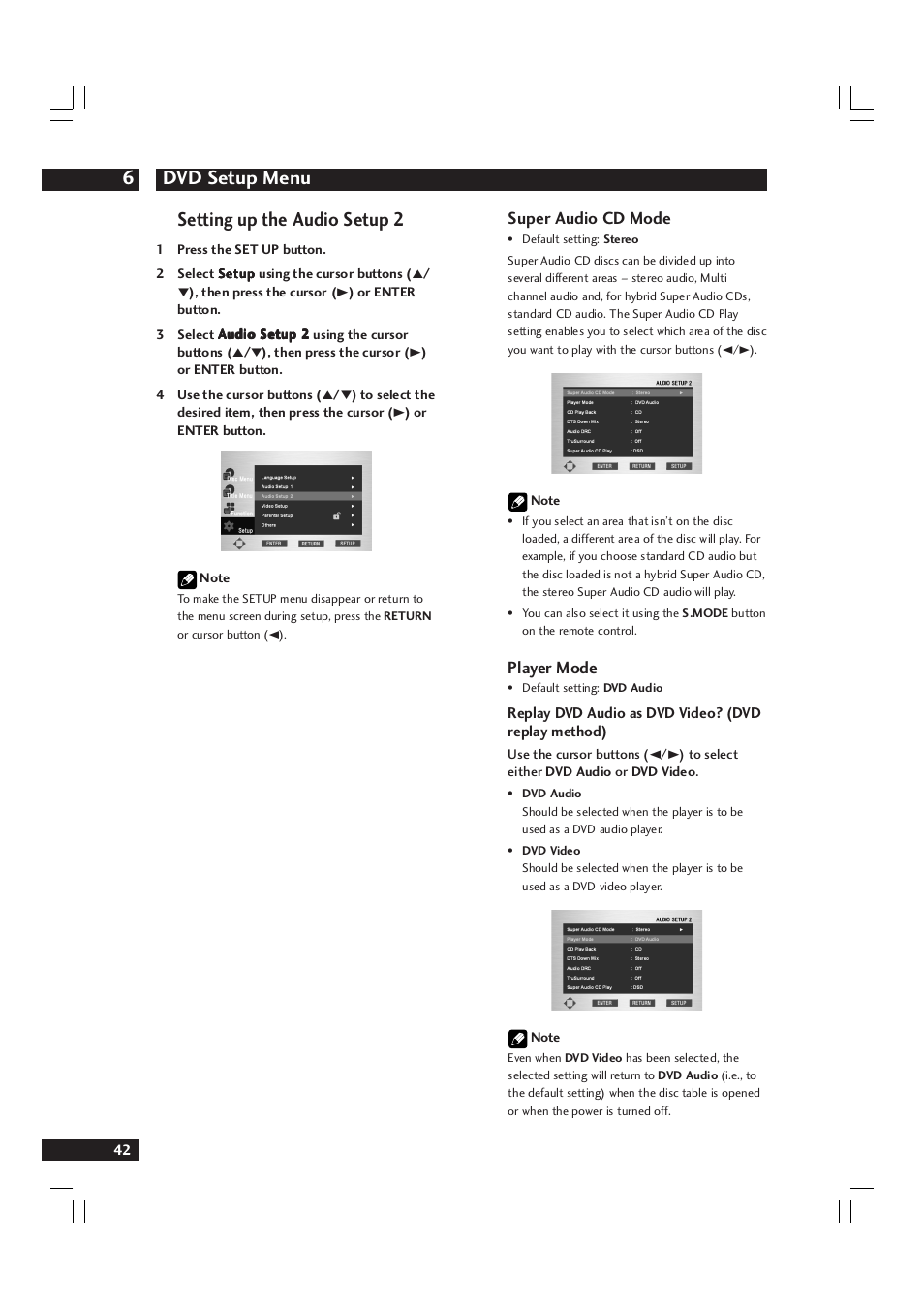 Dvd setup menu 6, Setting up the audio setup 2, Super audio cd mode | Player mode | Marantz DV9600 User Manual | Page 42 / 68