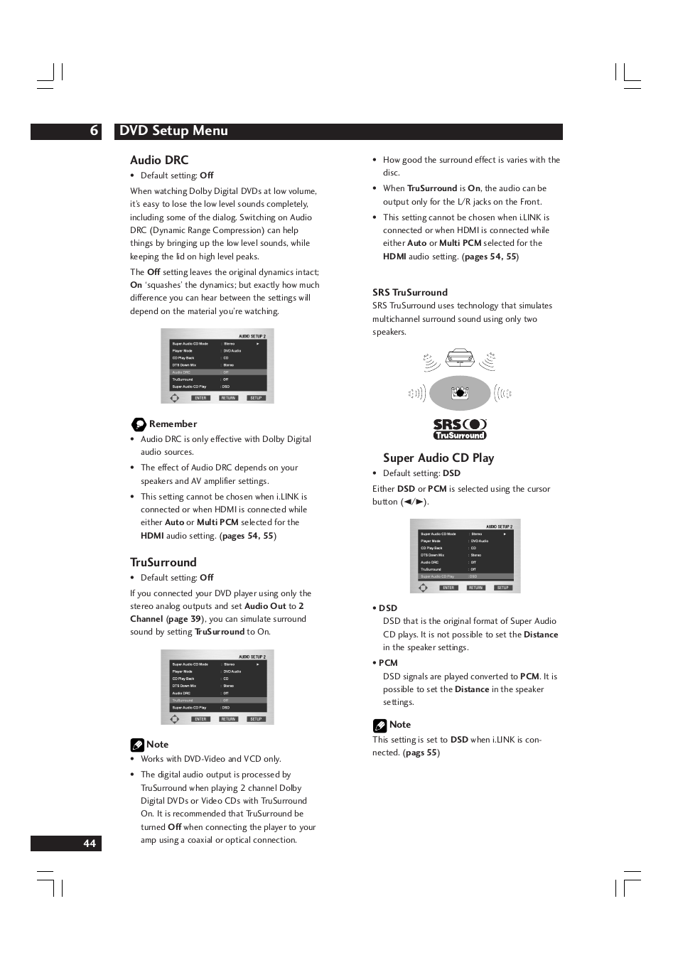 Dvd setup menu 6, Audio drc, Trusurround | Super audio cd play | Marantz DV9600 User Manual | Page 44 / 68