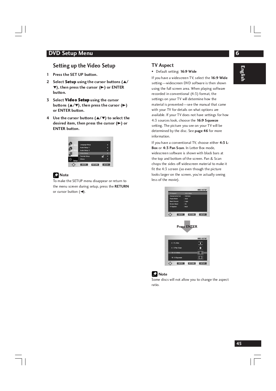 6dvd setup menu, Setting up the video setup, English tv aspect | Marantz DV9600 User Manual | Page 45 / 68