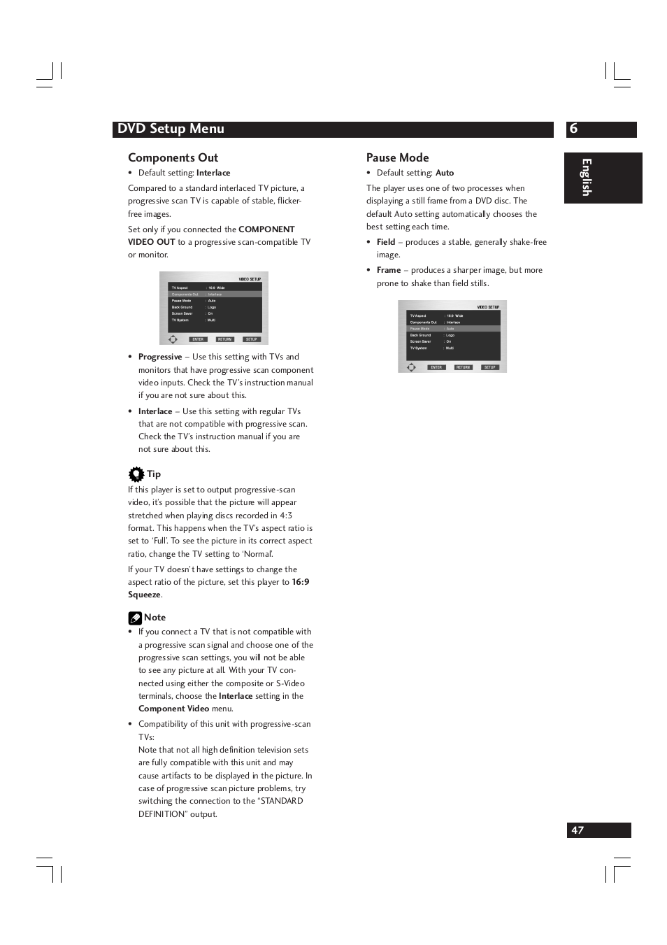 6dvd setup menu, English components out, Pause mode | Marantz DV9600 User Manual | Page 47 / 68