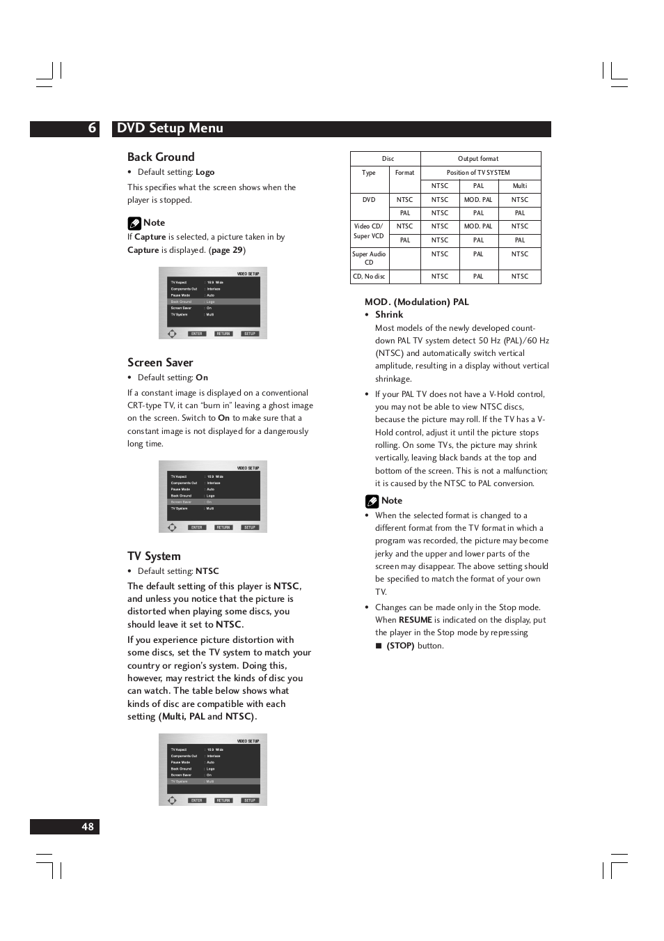 Dvd setup menu 6, Back ground, Screen saver | Tv system | Marantz DV9600 User Manual | Page 48 / 68