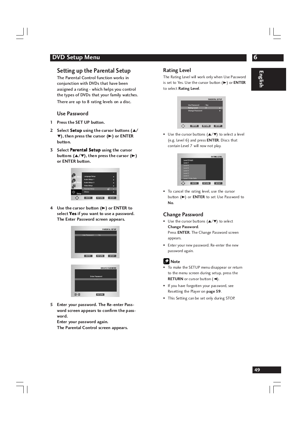 6dvd setup menu, Setting up the parental setup, English | Use password, Rating level, Change password | Marantz DV9600 User Manual | Page 49 / 68