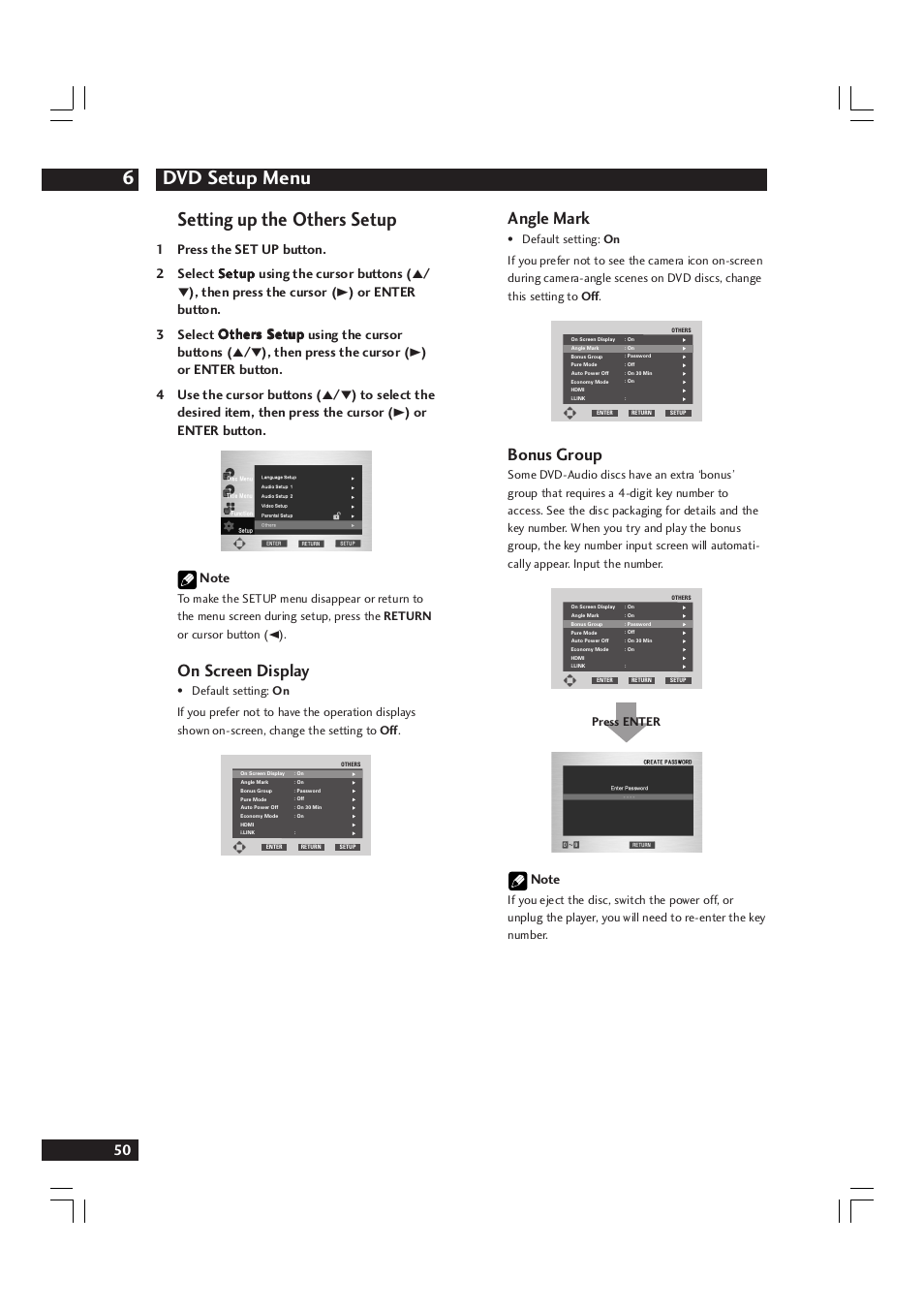 Dvd setup menu 6, Setting up the others setup, On screen display | Angle mark, Bonus group, Press enter | Marantz DV9600 User Manual | Page 50 / 68