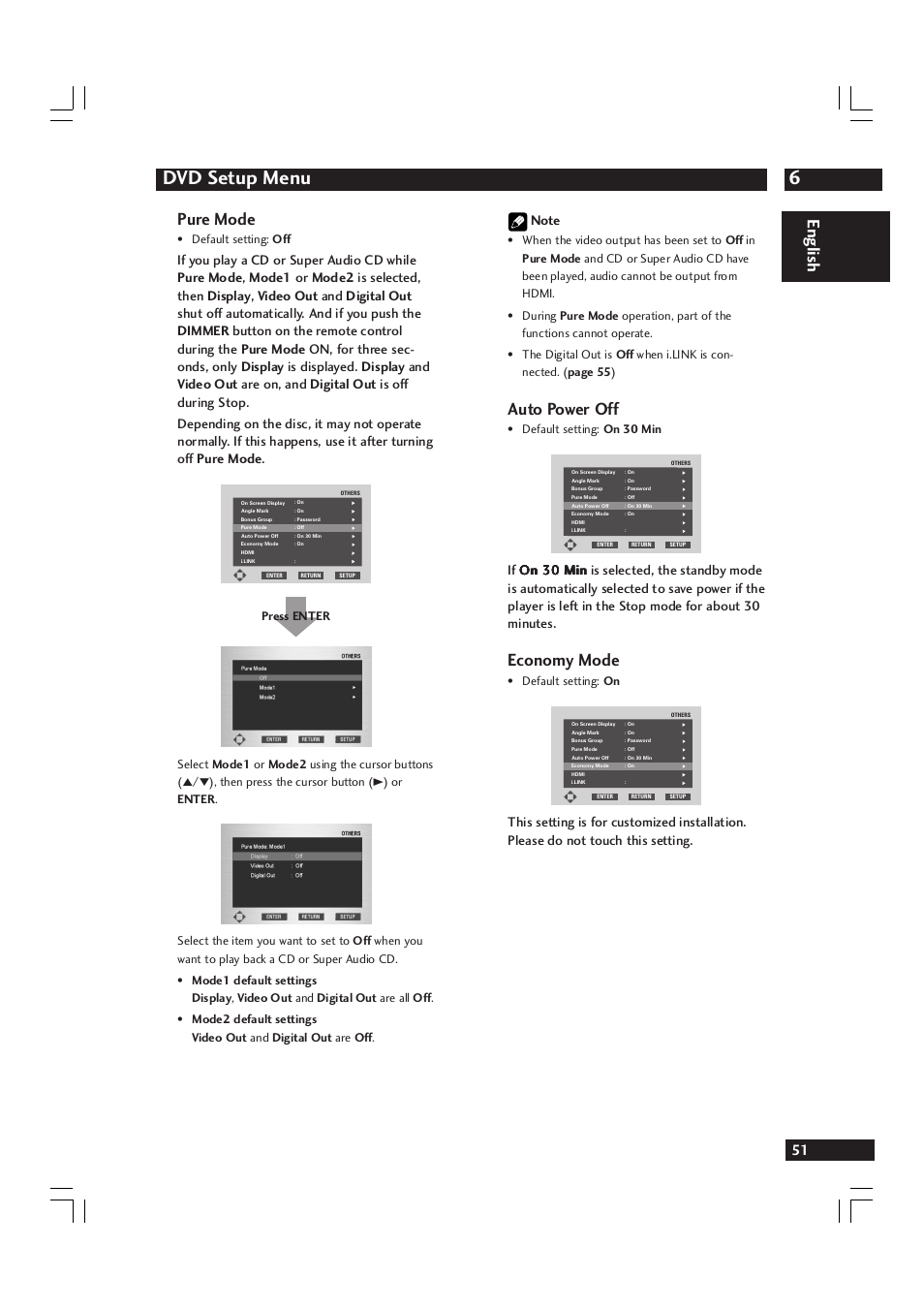 6dvd setup menu, English, Auto power off | Economy mode, Pure mode, Default setting: on 30 min, Default setting: on, Default setting: off | Marantz DV9600 User Manual | Page 51 / 68